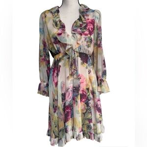 O.P.T Women's Floral Print V-Neck Ruffles Mini Dress Multi Size XS